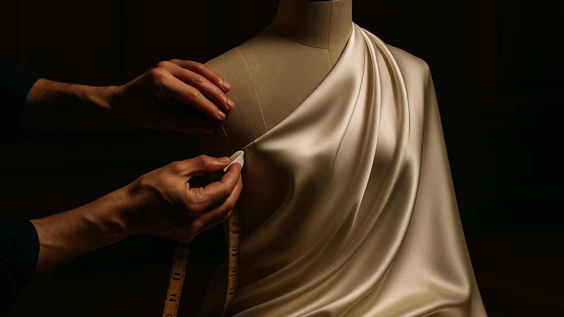 裁縫師手持白堊筆於 dress form 上的絹紗作記