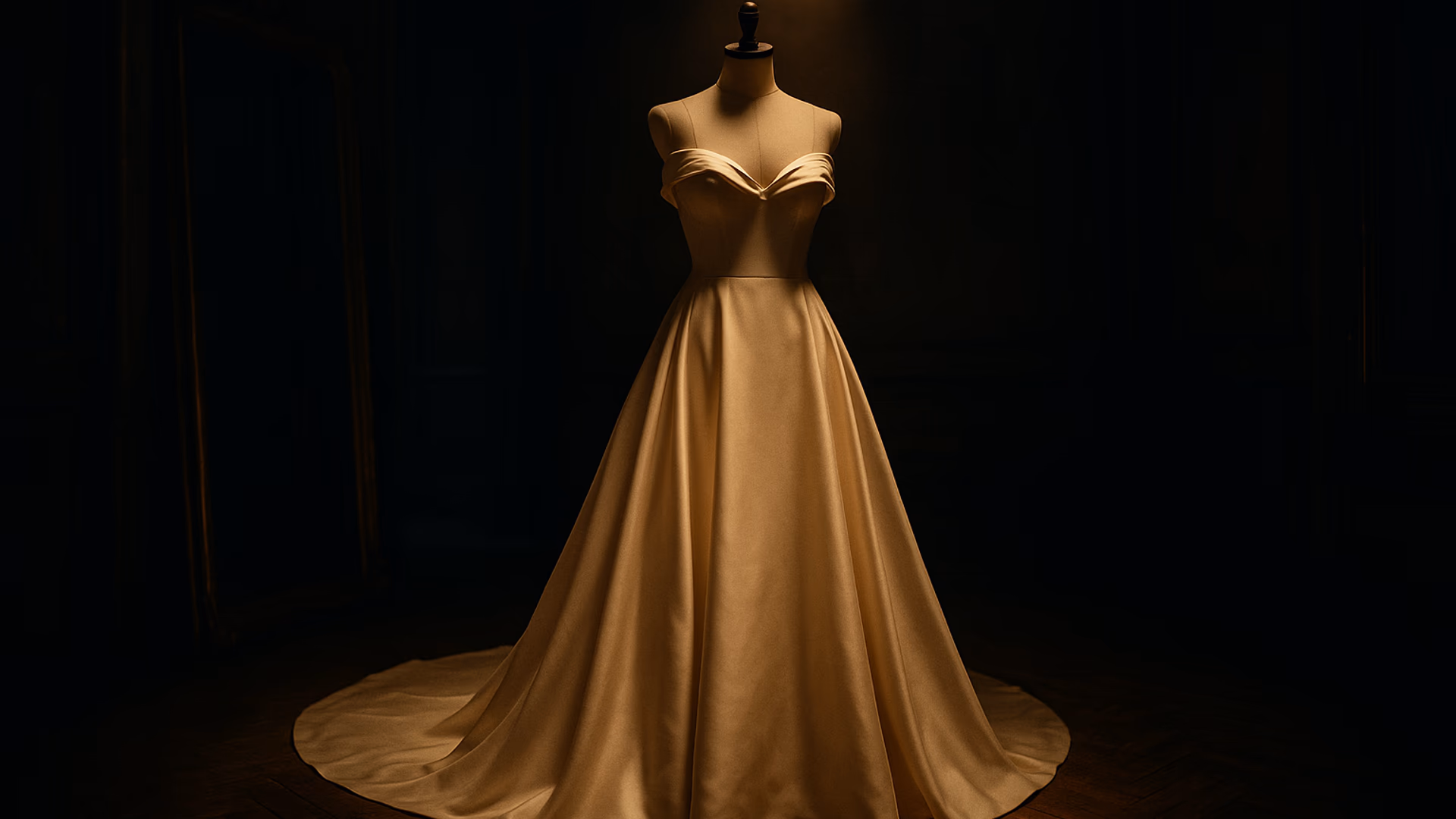 暗房 spotlight 下置於 mannequin 上的象牙婚紗